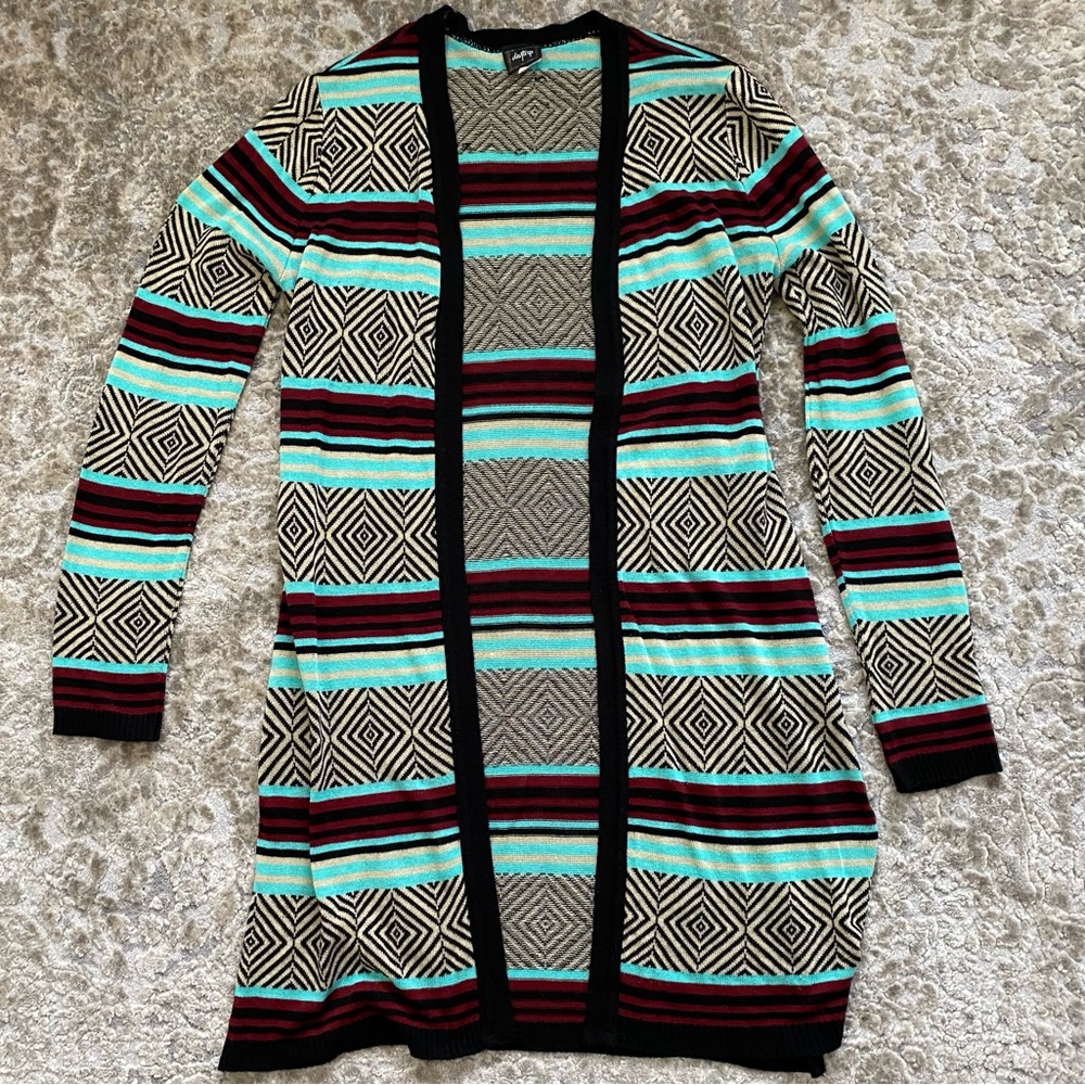 Daytrip Blue Burgundy Tan Patterned Cardigan Size L - Picture 1 of 6